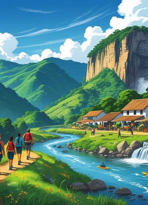 Paisagem de Aiuruoca com montanhas verdes, trilha de caminhada, vilarejo com casas coloniais, rio com pessoas praticando caiaque e cachoeira ao fundo.