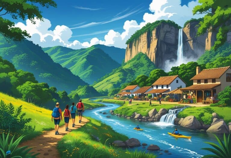 Paisagem de Aiuruoca com montanhas verdes, trilha de caminhada, vilarejo com casas coloniais, rio com pessoas praticando caiaque e cachoeira ao fundo.
