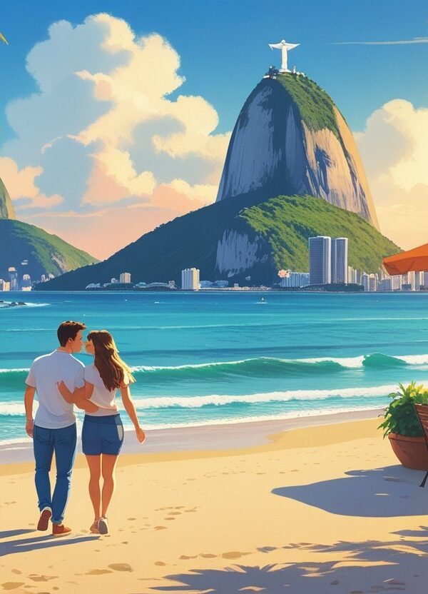 Um casal aproveitando juntos a praia de Copacabana, o Pão de Açúcar ao fundo e um café charmoso em Santa Teresa, com a estátua do Cristo Redentor ao longe.