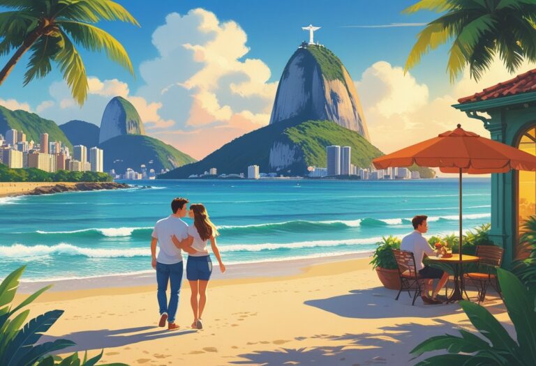 Um casal aproveitando juntos a praia de Copacabana, o Pão de Açúcar ao fundo e um café charmoso em Santa Teresa, com a estátua do Cristo Redentor ao longe.