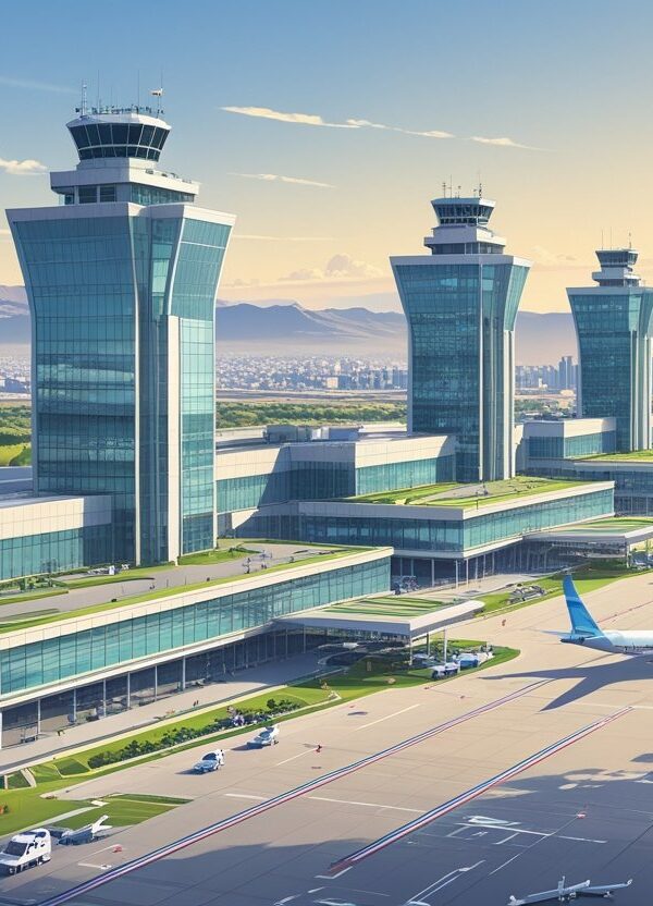 Vista detalhada dos principais aeroportos de Buenos Aires com terminais modernos, aviões em pista e a cidade ao fundo.