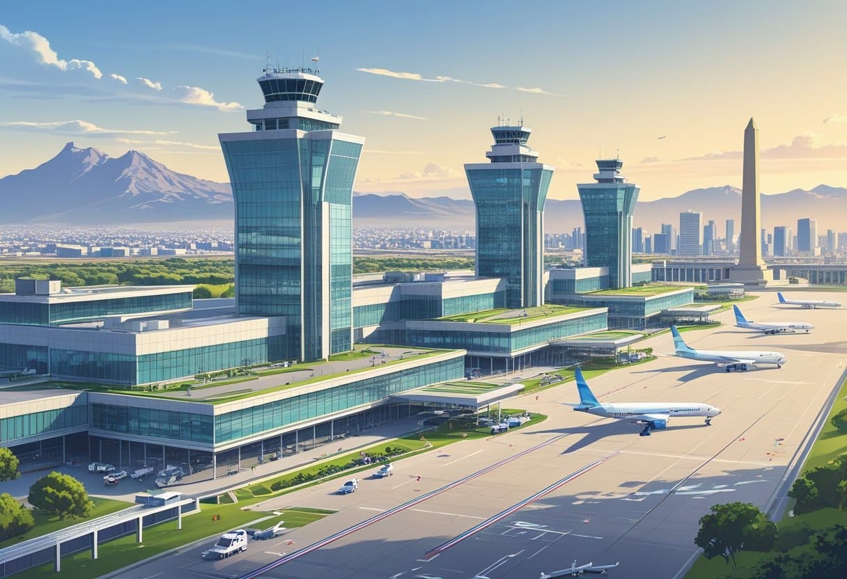 Vista detalhada dos principais aeroportos de Buenos Aires com terminais modernos, aviões em pista e a cidade ao fundo.