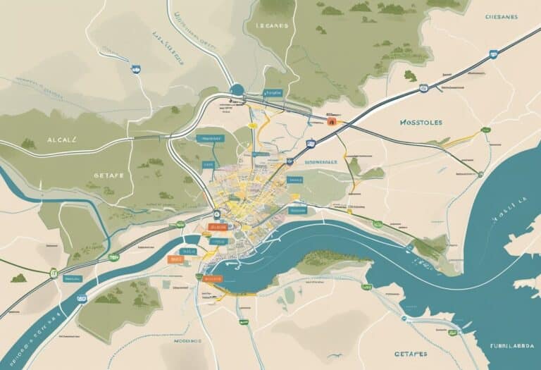 Mapa detalhado mostrando Madrid e cidades próximas com estradas e áreas naturais ao redor.