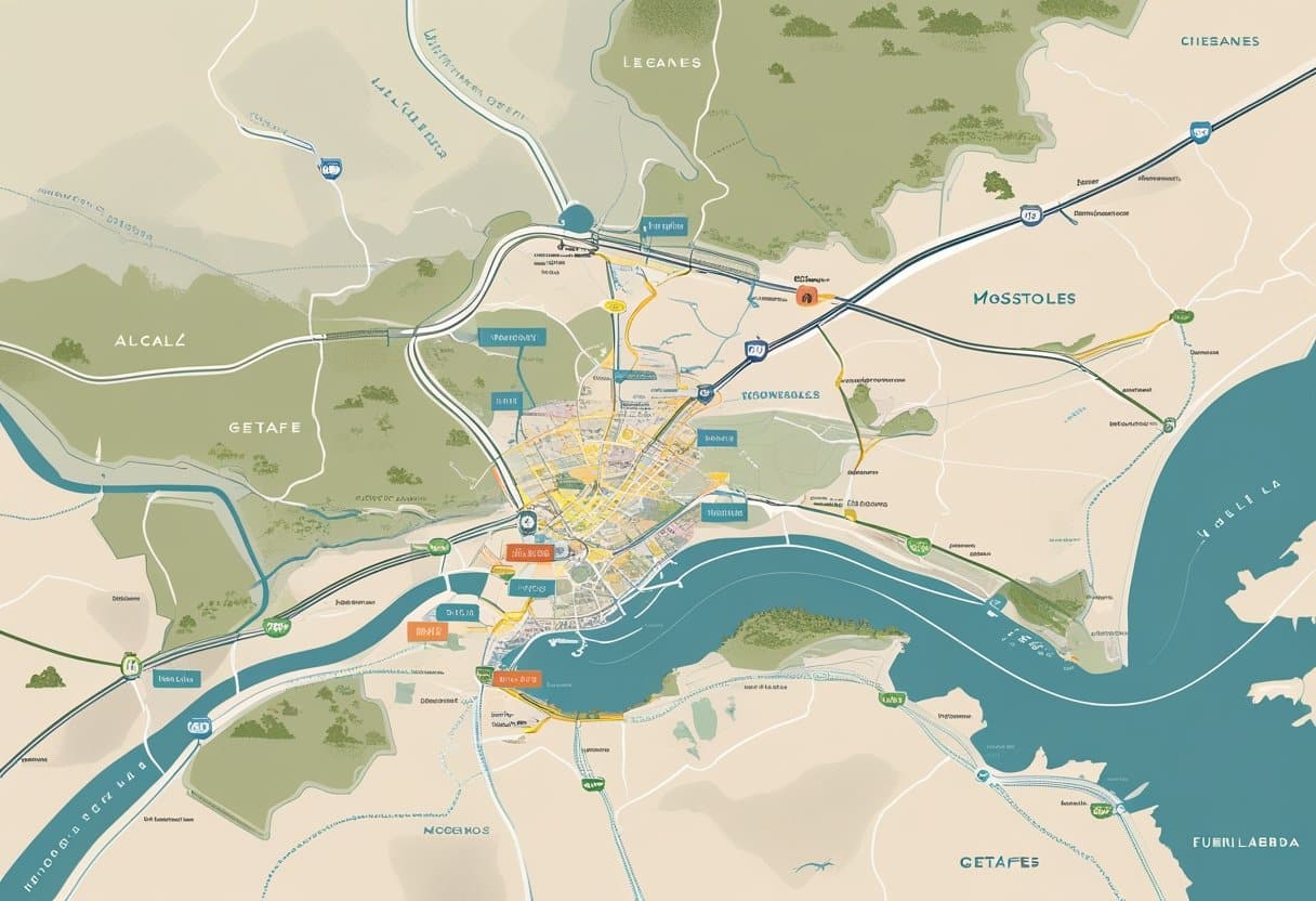 Mapa detalhado mostrando Madrid e cidades próximas com estradas e áreas naturais ao redor.