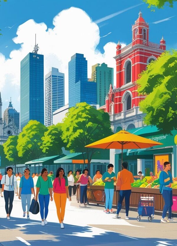 Ilustração mostrando pontos turísticos e atividades para fazer em São Paulo em dois dias, incluindo a Catedral da Sé, Avenida Paulista, Beco do Batman, MASP, Mercado Municipal e Parque Ibirapuera.