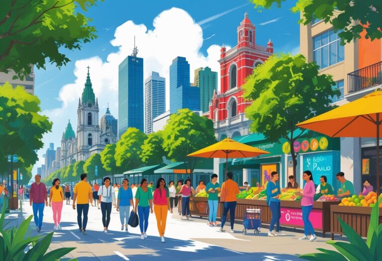 Ilustração mostrando pontos turísticos e atividades para fazer em São Paulo em dois dias, incluindo a Catedral da Sé, Avenida Paulista, Beco do Batman, MASP, Mercado Municipal e Parque Ibirapuera.