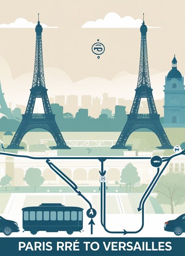 Ilustração mostrando um mapa estilizado com o trajeto de Paris até Versalhes, incluindo o metrô e pontos turísticos como a Torre Eiffel e o Palácio de Versalhes.