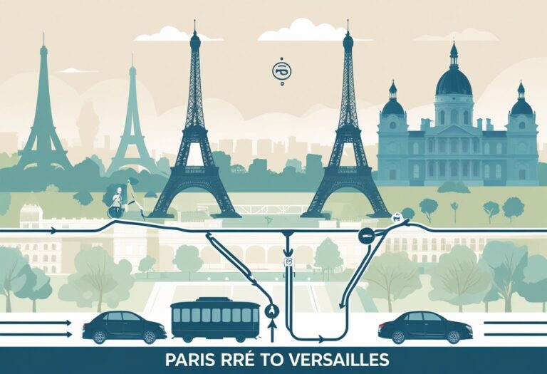 Ilustração mostrando um mapa estilizado com o trajeto de Paris até Versalhes, incluindo o metrô e pontos turísticos como a Torre Eiffel e o Palácio de Versalhes.