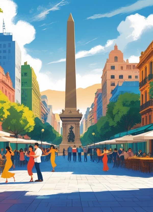 Cena mostrando pontos turísticos e atividades em Buenos Aires, como dança de tango, comida típica e ruas coloridas, representando um roteiro de três dias na cidade.