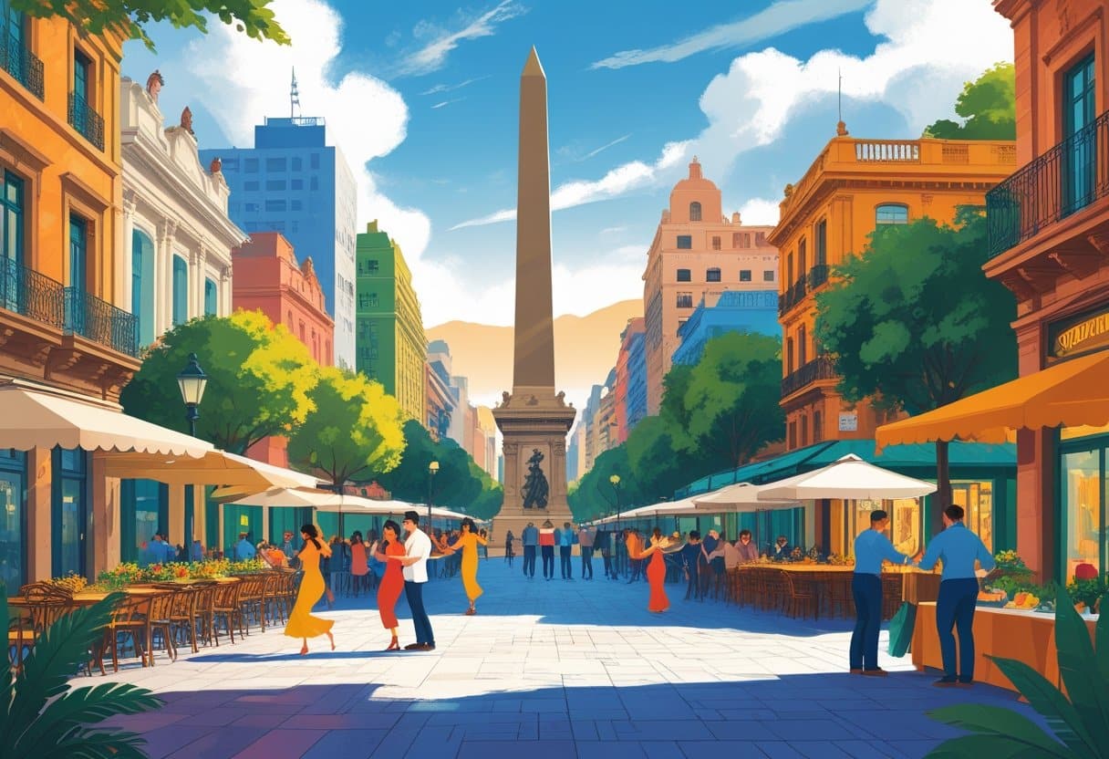 Cena mostrando pontos turísticos e atividades em Buenos Aires, como dança de tango, comida típica e ruas coloridas, representando um roteiro de três dias na cidade.