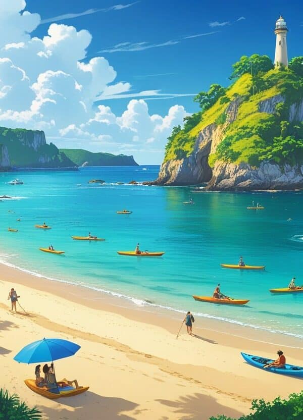 Praia tropical com pessoas nadando, tomando sol e caiaque, floresta verde, farol no morro e barcos próximos à costa na Ilha do Mel.