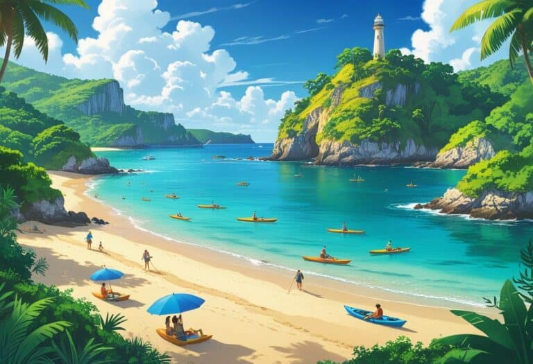 Praia tropical com pessoas nadando, tomando sol e caiaque, floresta verde, farol no morro e barcos próximos à costa na Ilha do Mel.