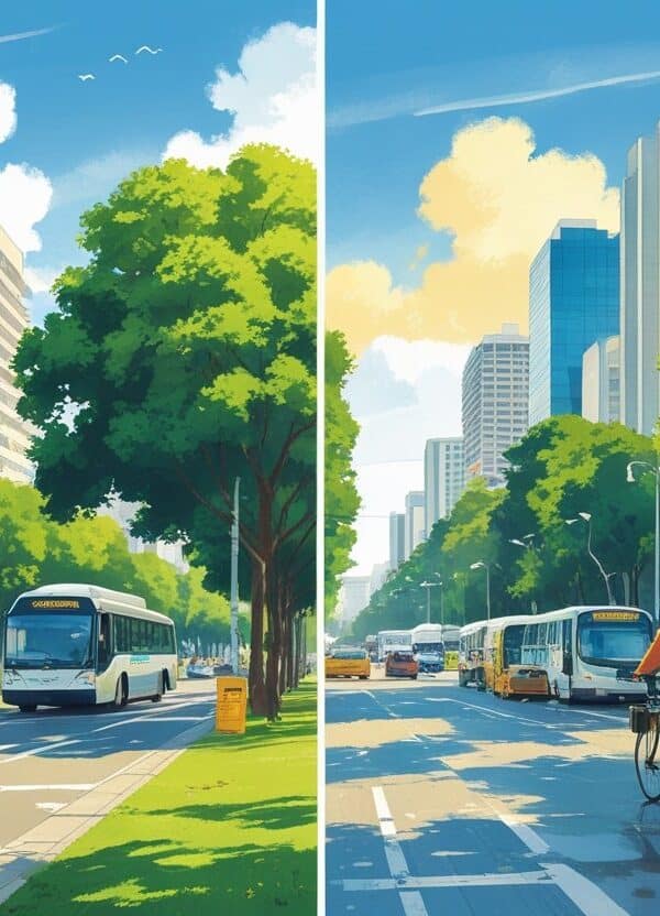 Ilustração mostrando os prós e contras de morar em Curitiba, com cenas de áreas verdes, transporte público e pessoas felizes de um lado, e chuva, trânsito e clima frio do outro.