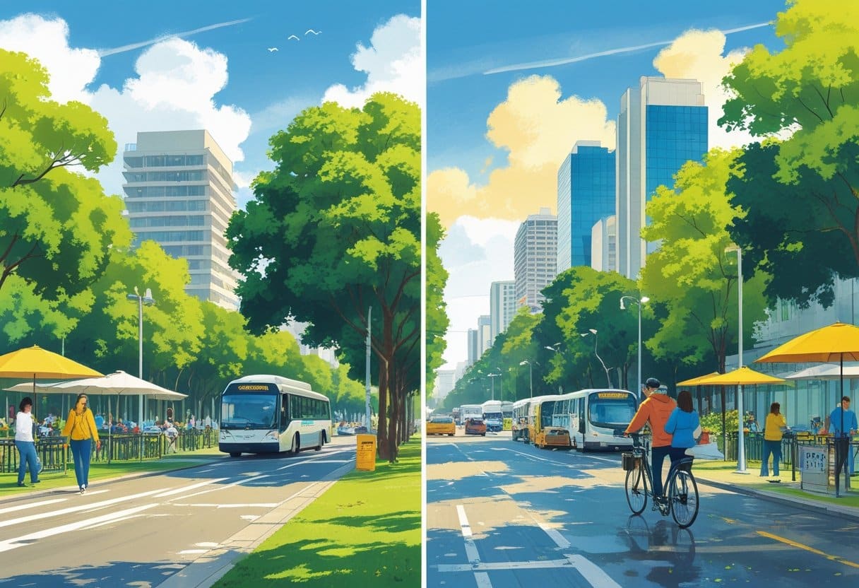 Ilustração mostrando os prós e contras de morar em Curitiba, com cenas de áreas verdes, transporte público e pessoas felizes de um lado, e chuva, trânsito e clima frio do outro.