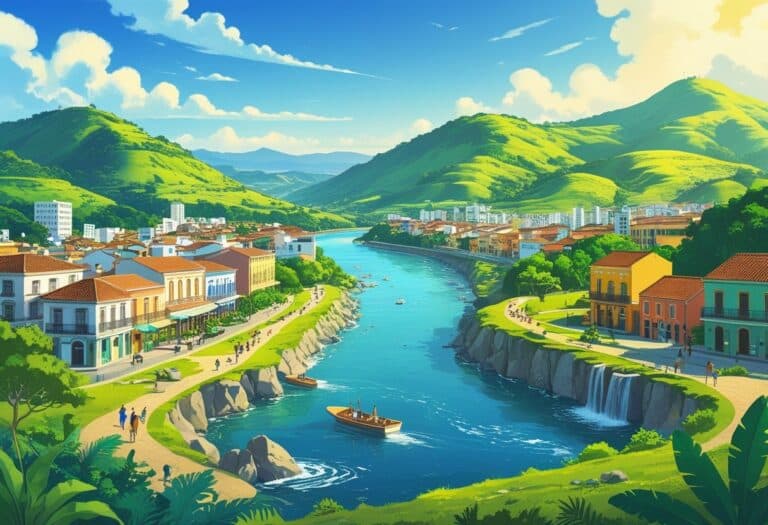 Vista panorâmica de paisagens naturais e cidades históricas perto de Curitiba, com montanhas, rios, cachoeiras e construções coloniais coloridas.