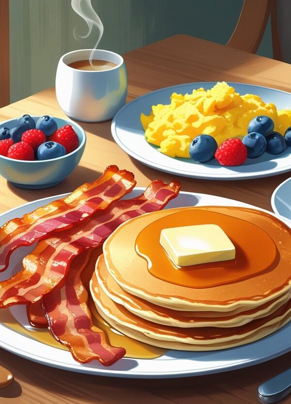 Mesa com café da manhã americano, incluindo ovos mexidos, bacon, panquecas com xarope, frutas, suco de laranja e café.