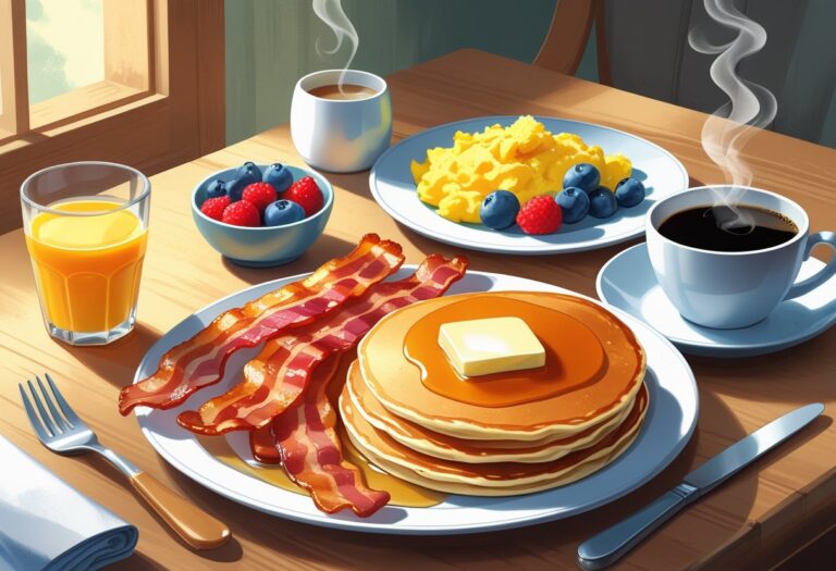 Mesa com café da manhã americano, incluindo ovos mexidos, bacon, panquecas com xarope, frutas, suco de laranja e café.