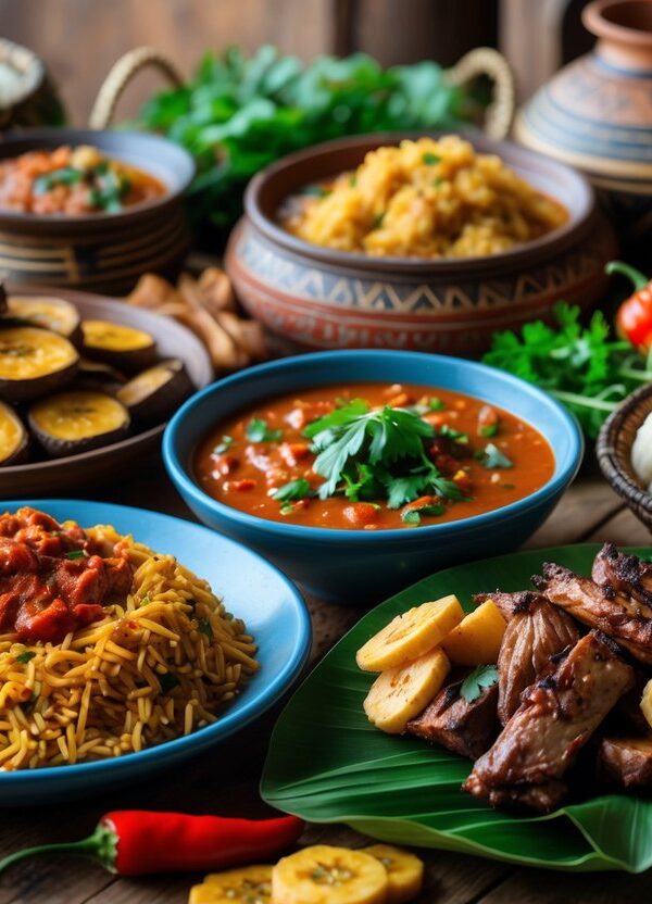 Mesa com pratos tradicionais de comidas de origem africana, incluindo arroz jollof, banana-da-terra frita, carnes grelhadas, sopa egusi e fufu, servidos em utensílios típicos.