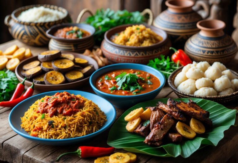 Mesa com pratos tradicionais de comidas de origem africana, incluindo arroz jollof, banana-da-terra frita, carnes grelhadas, sopa egusi e fufu, servidos em utensílios típicos.