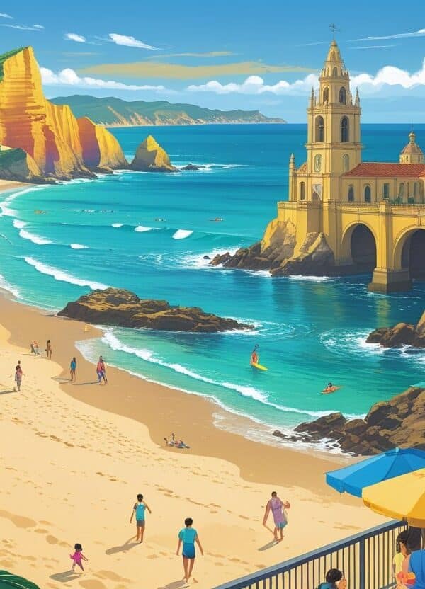 Cena mostrando três dias em Fortaleza: praia com pessoas surfando e tomando sol, pontos culturais com mercado e exposições, e um pôr do sol na orla com vendedores de comida e pessoas dançando forró.