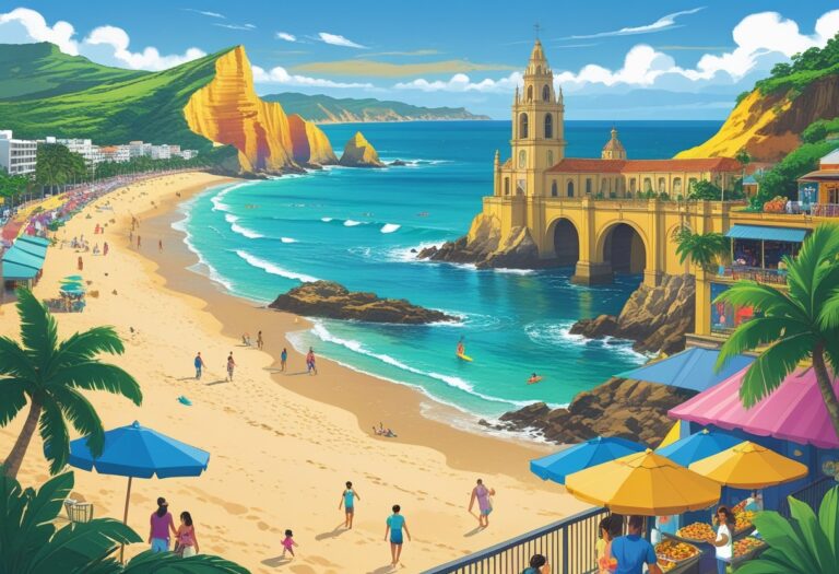 Cena mostrando três dias em Fortaleza: praia com pessoas surfando e tomando sol, pontos culturais com mercado e exposições, e um pôr do sol na orla com vendedores de comida e pessoas dançando forró.