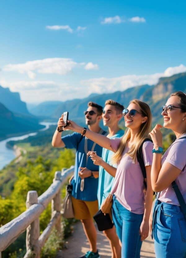 Grupo de viajantes felizes observando uma paisagem montanhosa com céu azul e rio, em um ponto de vista panorâmico.