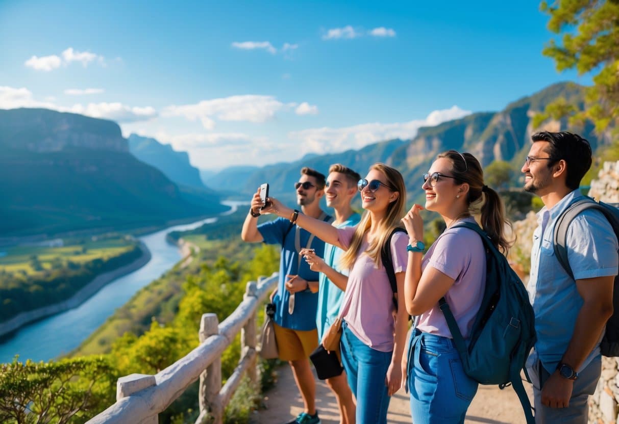 Grupo de viajantes felizes observando uma paisagem montanhosa com céu azul e rio, em um ponto de vista panorâmico.