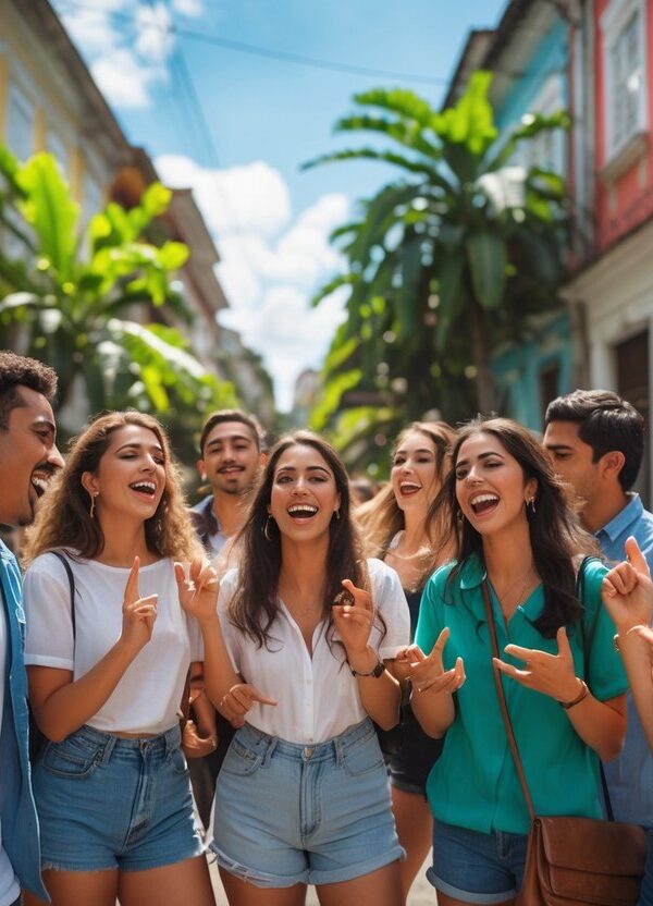 Grupo de jovens conversando e rindo em uma rua colorida do Rio de Janeiro, com prédios tradicionais e plantas tropicais ao fundo.