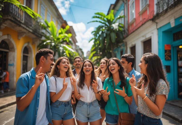 Grupo de jovens conversando e rindo em uma rua colorida do Rio de Janeiro, com prédios tradicionais e plantas tropicais ao fundo.
