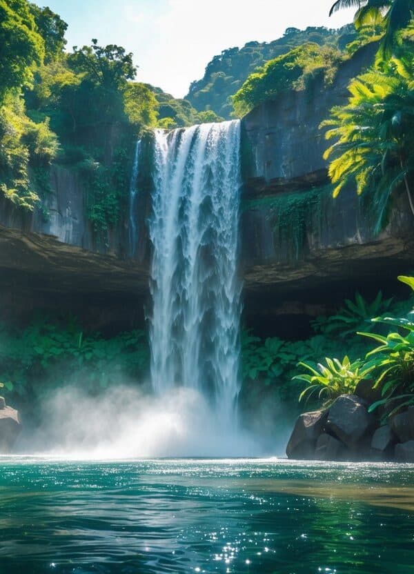 Cachoeira majestosa cercada por vegetação tropical verde, com água caindo em uma piscina clara e serena.