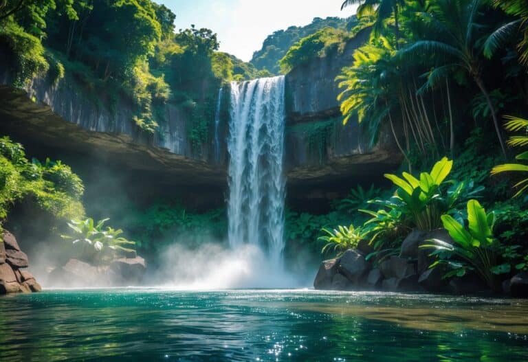 Cachoeira majestosa cercada por vegetação tropical verde, com água caindo em uma piscina clara e serena.