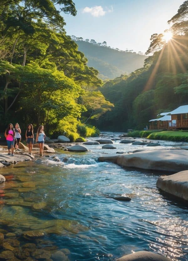 Paisagem natural em Lumiar com floresta verde, rio cristalino e pessoas caminhando e explorando a área.