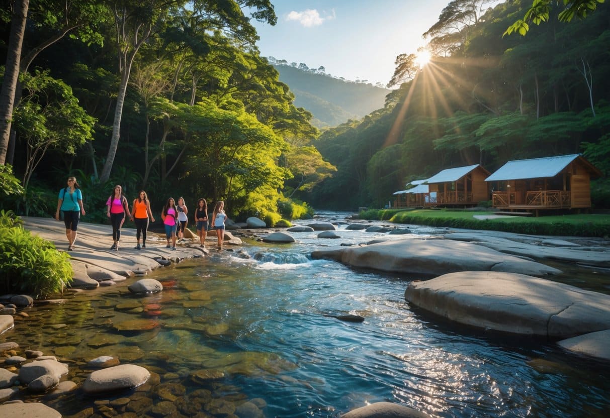 Paisagem natural em Lumiar com floresta verde, rio cristalino e pessoas caminhando e explorando a área.