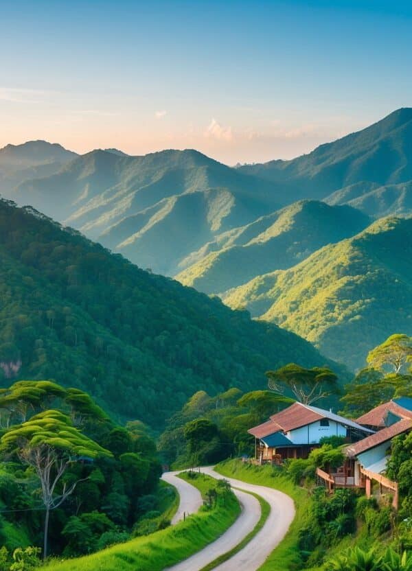 Paisagem de montanhas verdes com vegetação densa e casas rurais em meio à floresta no Rio de Janeiro.