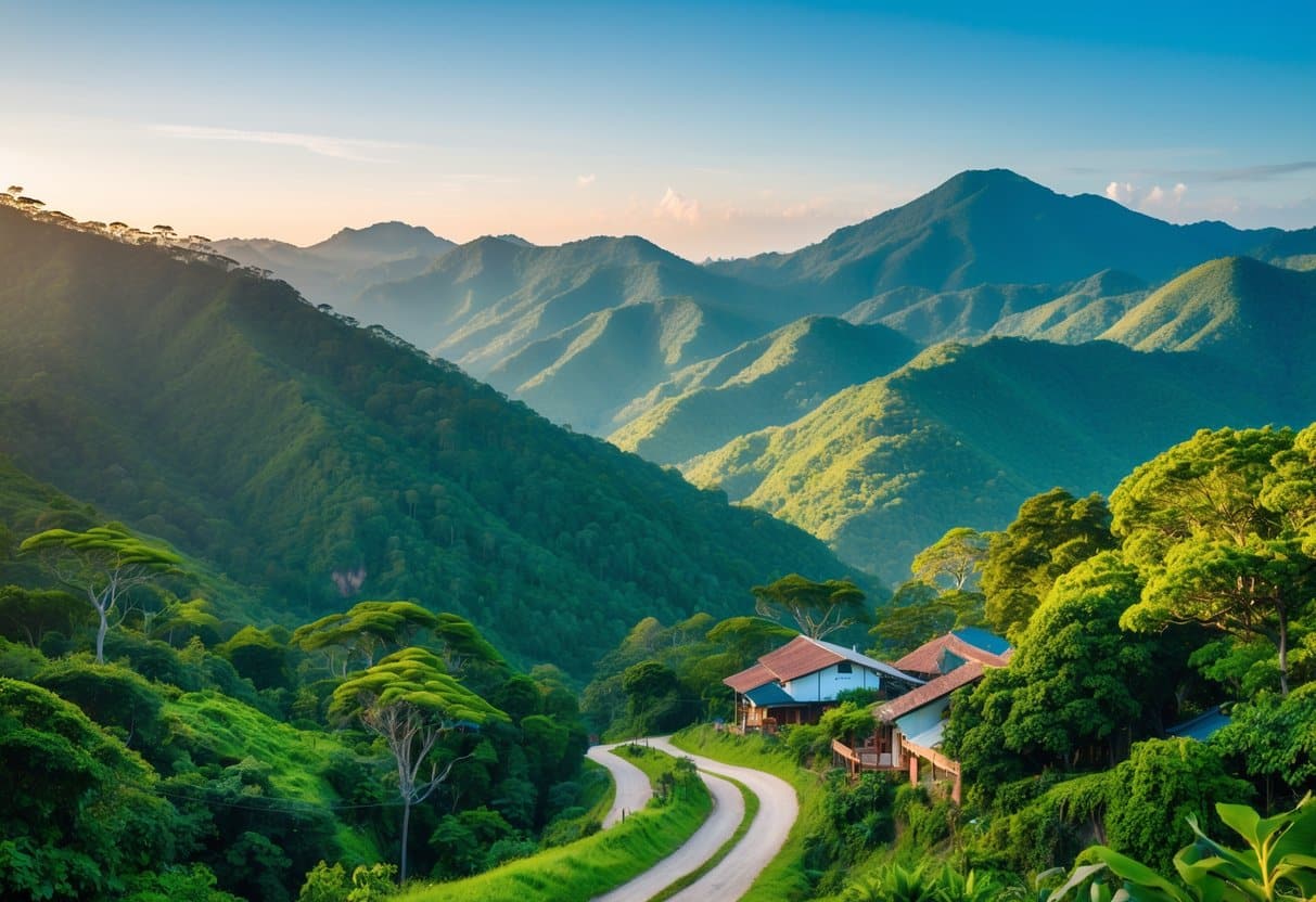 Paisagem de montanhas verdes com vegetação densa e casas rurais em meio à floresta no Rio de Janeiro.
