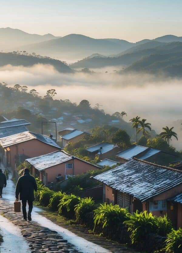 Cidade pequena com casas tradicionais em meio a montanhas com neblina, pessoas vestindo roupas quentes caminhando pelas ruas.