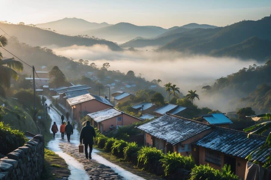 Cidade pequena com casas tradicionais em meio a montanhas com neblina, pessoas vestindo roupas quentes caminhando pelas ruas.