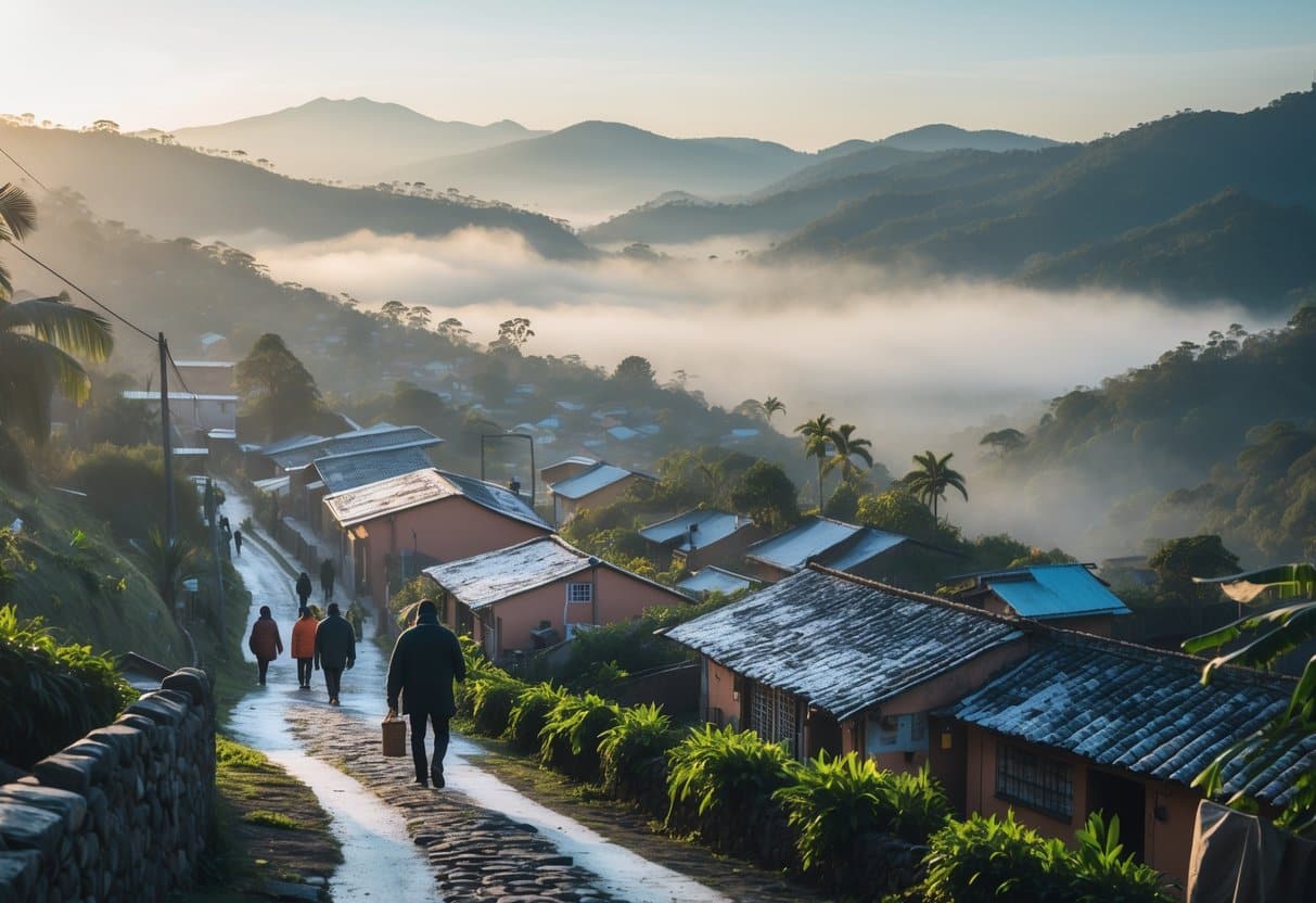 Cidade pequena com casas tradicionais em meio a montanhas com neblina, pessoas vestindo roupas quentes caminhando pelas ruas.