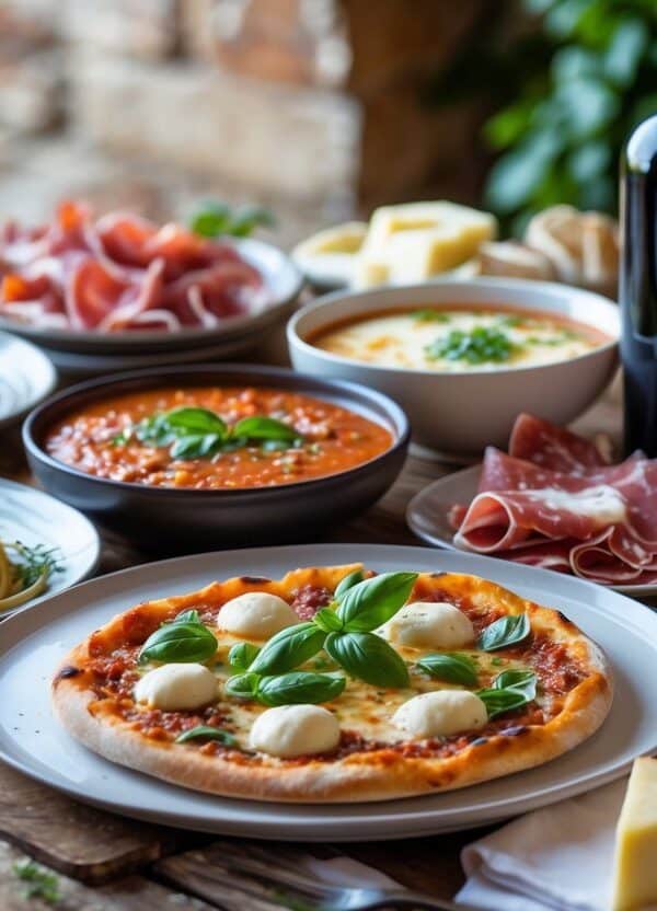 Mesa com pratos típicos da culinária italiana, incluindo espaguete, pizza, queijos, embutidos, pão e vinho.