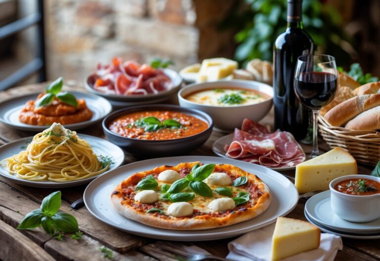 Mesa com pratos típicos da culinária italiana, incluindo espaguete, pizza, queijos, embutidos, pão e vinho.