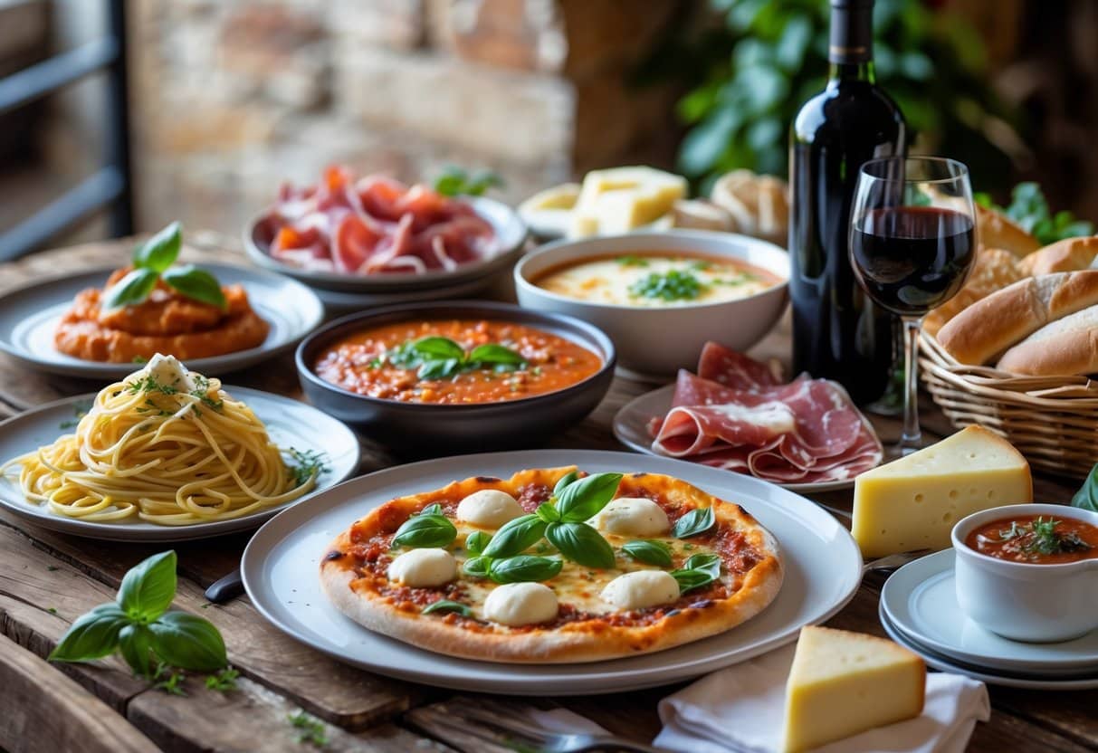 Mesa com pratos típicos da culinária italiana, incluindo espaguete, pizza, queijos, embutidos, pão e vinho.