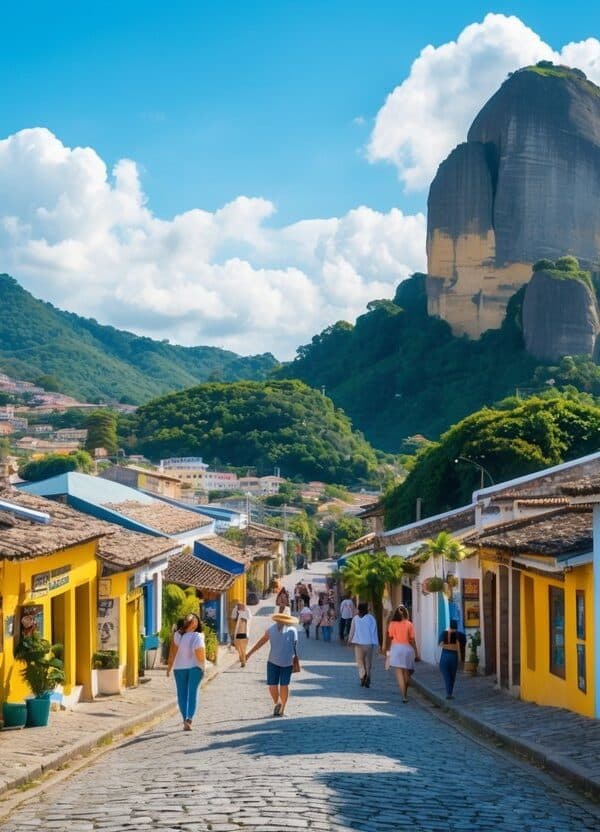 Vista panorâmica de São Thomé das Letras com casas coloridas, pessoas caminhando e formações rochosas ao fundo sob céu azul.