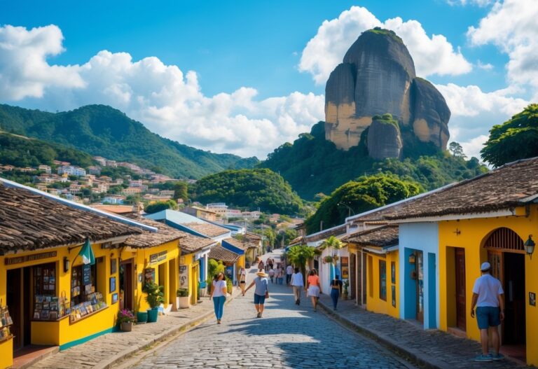 Vista panorâmica de São Thomé das Letras com casas coloridas, pessoas caminhando e formações rochosas ao fundo sob céu azul.