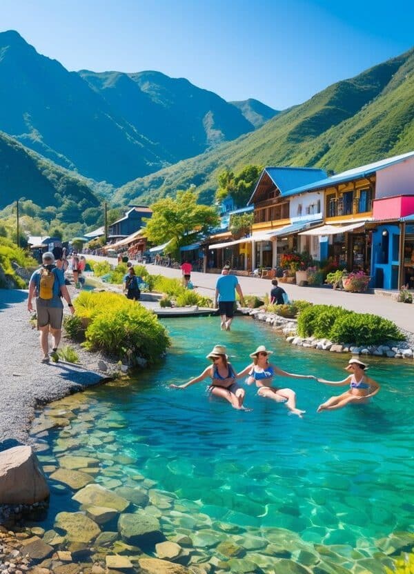 Turistas aproveitando trilhas, piscina natural e ruas charmosas em Sana, com montanhas verdes ao fundo.