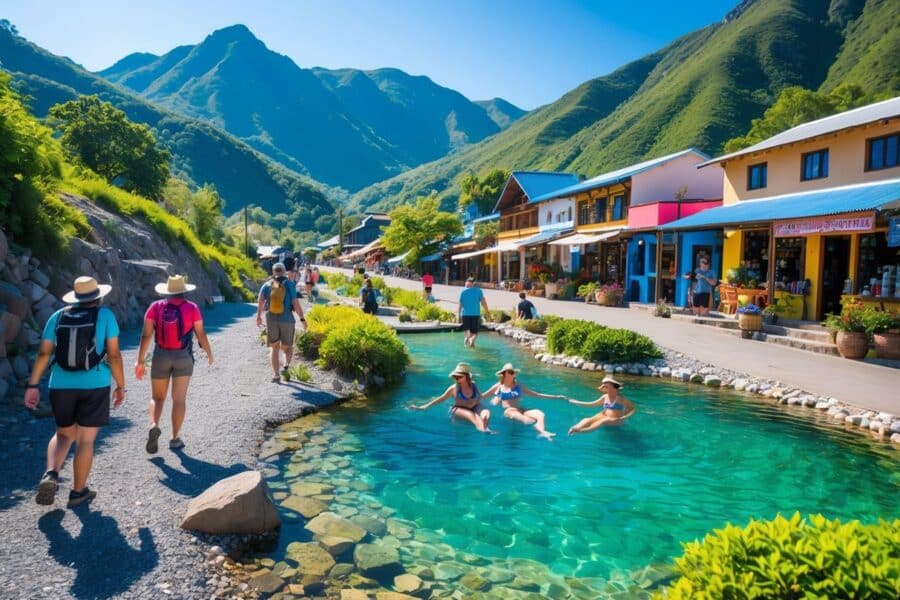 Turistas aproveitando trilhas, piscina natural e ruas charmosas em Sana, com montanhas verdes ao fundo.