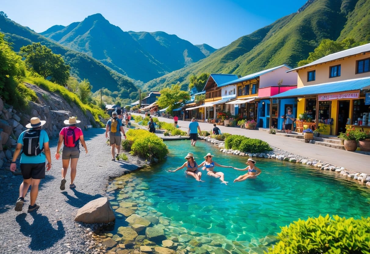 Turistas aproveitando trilhas, piscina natural e ruas charmosas em Sana, com montanhas verdes ao fundo.