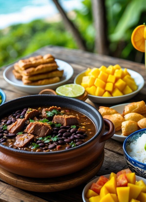 Mesa com pratos típicos do Rio de Janeiro, incluindo feijoada, pastel, frutas tropicais e uma caipirinha.