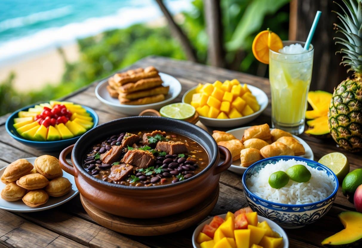 Mesa com pratos típicos do Rio de Janeiro, incluindo feijoada, pastel, frutas tropicais e uma caipirinha.