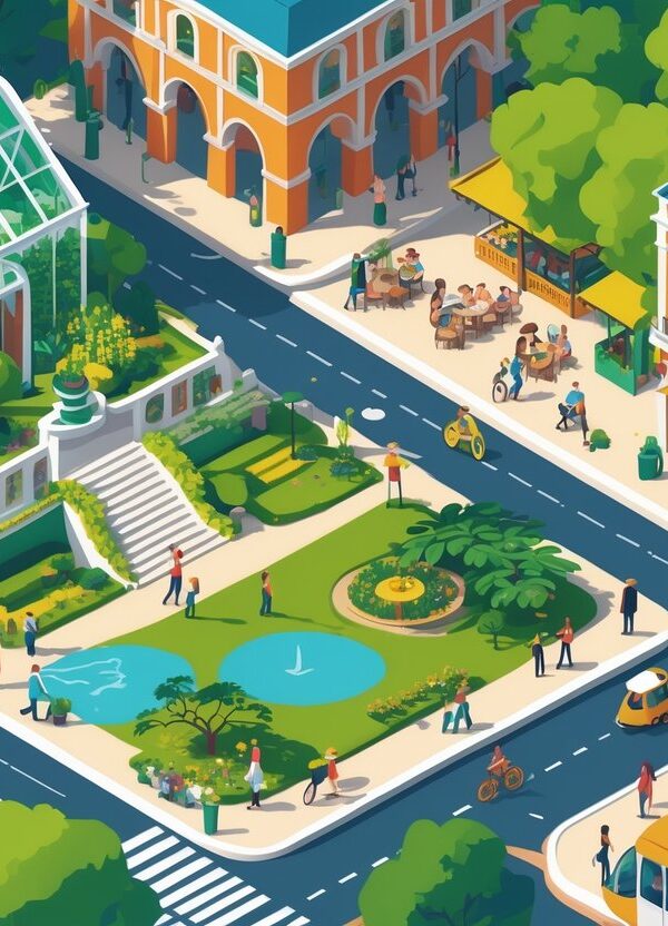 Ilustração mostrando pontos turísticos e atividades em Curitiba, com pessoas caminhando, ciclistas, edifícios históricos, natureza e transporte público.