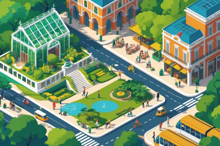 Ilustração mostrando pontos turísticos e atividades em Curitiba, com pessoas caminhando, ciclistas, edifícios históricos, natureza e transporte público.